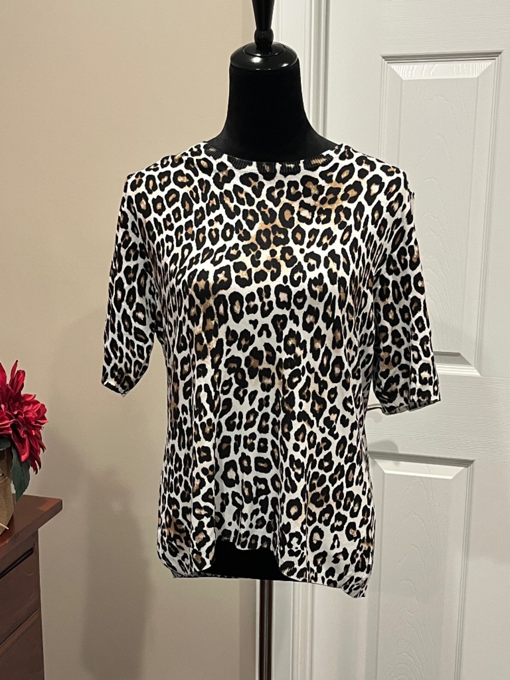 Premise Black, White & Brown Leopard Print Short Sleeve Knit Sweater XL